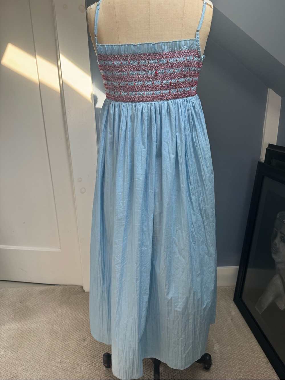 Smocked Blue & red Maxi Dress  - Lightweight Summer Dress - Picture 2 of 4